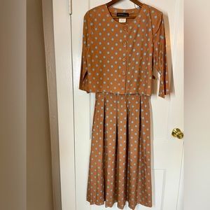 Braunstyle 2 pc Dress Light Brown Aqua Blue Polkadots Women’s Medium 3/4 sleeves